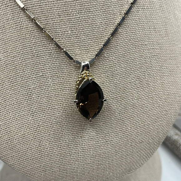 🖤 Silver and Gold Vintage Smoky Quartz Pendant Necklace 16" - Picture 4 of 15